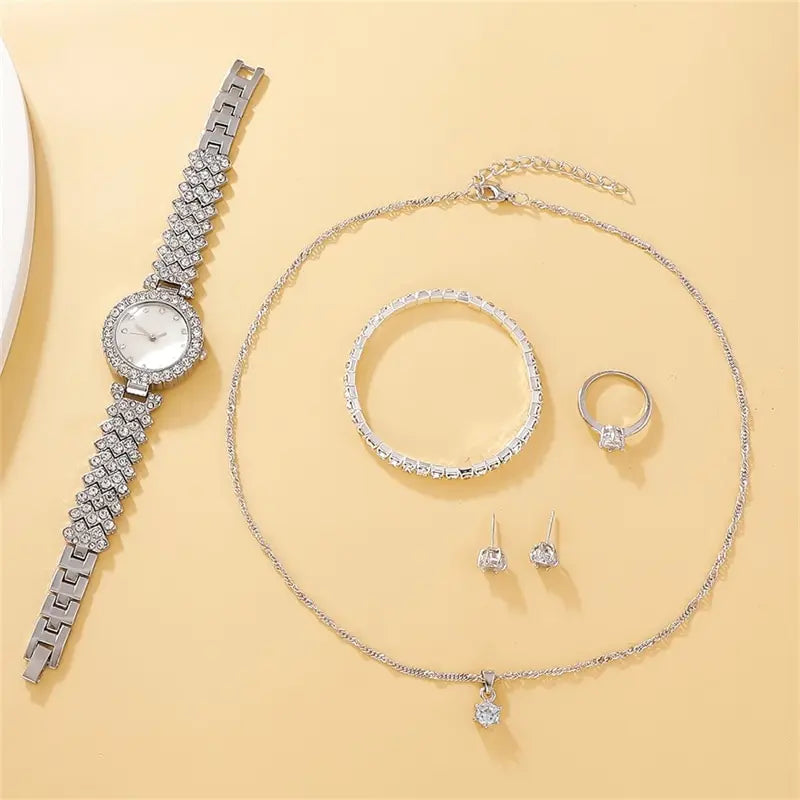 6PCS Set Luxury Watch Women Ring Necklace Earring Rhinestone Fashion Wristwatch Casual Ladies Watches Bracelet Set Clock